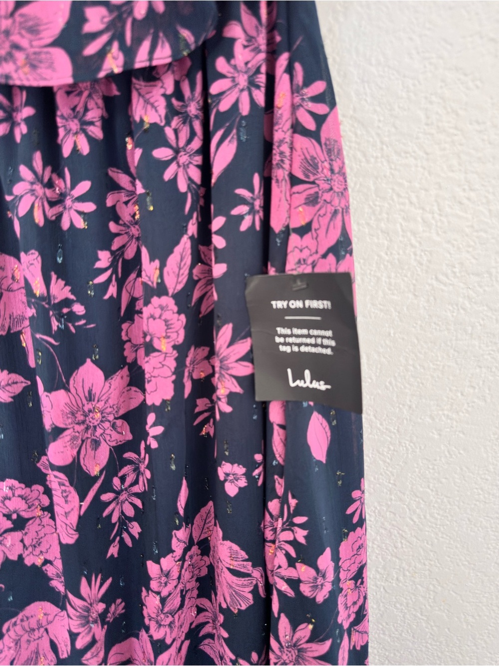 Lulu's Off the Shoulder Maxi Dress in Navy Blue with Pink Floral Print - Picture 6 of 7